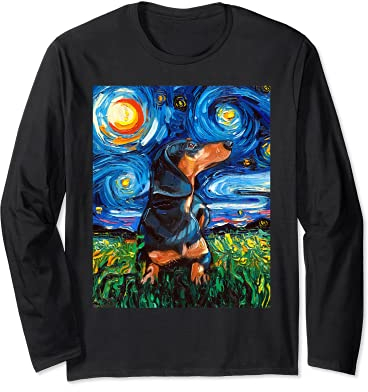 Aja Kunstdruck, Dackel, Doxie, Sternennacht, Schwarz und Hellbraun Langarmshirt