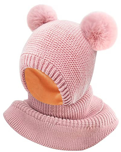 Kinder Schlupfmütze Mädchen Jungen Wintermütze Schalmütze Fleece Gefüttert Strickmütze mit Bommel Niedliche Winter Warm Beanie Mütze Kindermütze Bommelmütze Loop Schals für Kinder 2-6 Jahre Alt(Rosa)