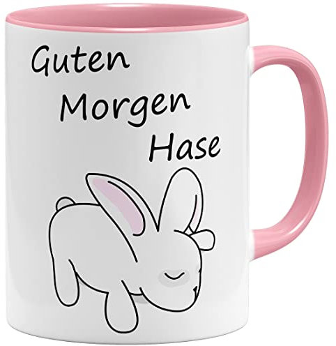 OM3® Guten Morgen Hase Kaffee-Tasse mit Spruch - Statement Tiermotiv süßes Motiv - Keramik Becher - 325ml - Beidseitig Bedruckt - Rosa