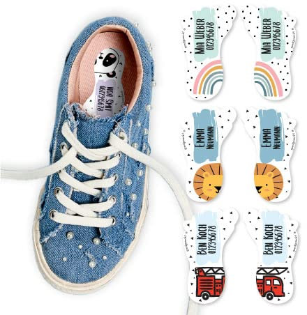 Gutmarkiert – Personalisierte Schuh-Etiketten mit Namen & Symbol – Langlebige Namensaufkleber für Kinder-Schuhe – Waschmaschinenfest – ideal für Kindergarten & Schule – 8er-Set Löwe