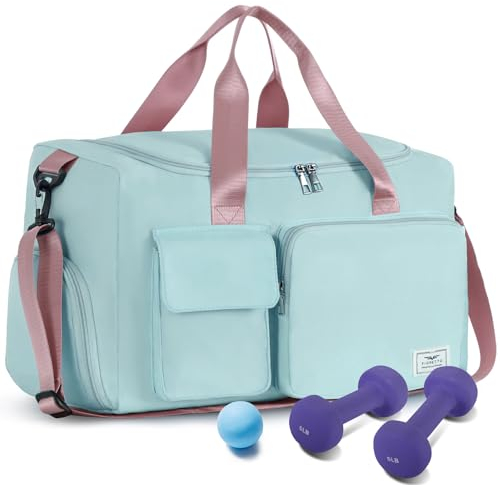 FIORETTO 35L Damen Sporttasche Faltbare Reisetasche mit Schuhfach und Nassfach, Wasserabweisende Weekender Gym Travel Bag Handgepäck Tasche Trainingstasche für Damen Herren Grün&Pink