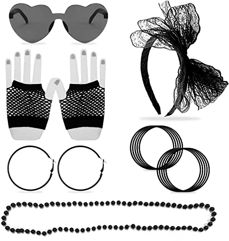 15 Stück 80er Jahre Kleidungszubehör Make-up-Set, Spitze Haarschmuck Neon Halsketten Vintage Ohrringe Fischnetz Handschuhe Bunte Silikon Armband Herz Brille 80er Jahre Party Mottoparty, Schwarz