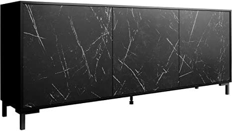 Kommode Meranta mit 3 Türen, Anrichte, Flurschrank, Mehrzweckschrank, Flurkommode, Kommodenschrank, Standschrank, Highboard, Sideboard, Wohnzimmer (schwarz/schwarzer Marmor, Modell: 200 cm)