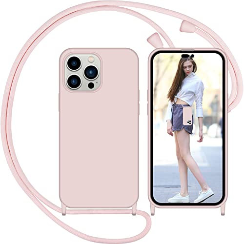 Nupcknn Funda Transparente con Cuerda para iPhone 14 Pro MAX, Carcasa Suave Silicona Case con Correa Colgante Ajustable Collar Correa de Cuello Cadena Cordón 1.5M (Oro Rosa 1)
