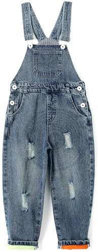 KIDSCOOL SPACE Salopette carina per ragazzo e ragazza, tuta in denim lavato alla moda, blu, 8-9 anni