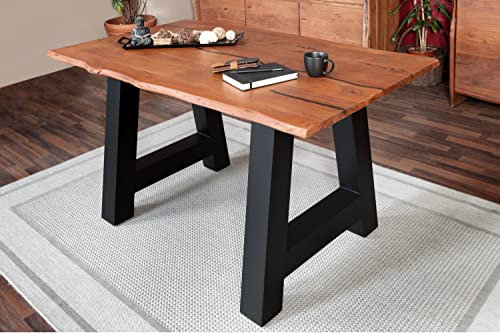 SAM Baumkantentisch 140 x 80 cm Polly, Epoxidharz-Adern in Schwarz, Akazienholz massiv + nussbaumfarben, Esstisch mit A-Eisengestell Schwarz, Tischplatte 26 mm, Esszimmertisch mit echter Baumkante