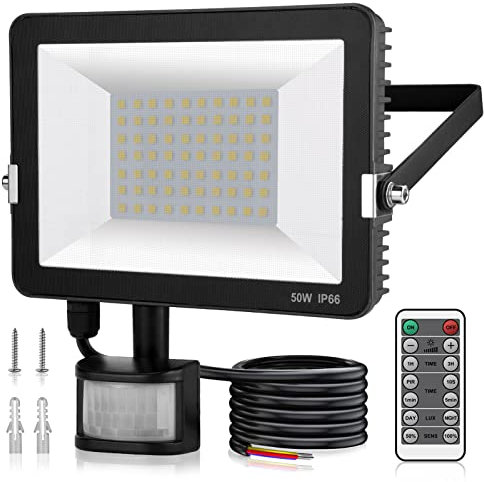 Immver 50W Security Lights Outdoor with IR Remote Control, PIR Motion Sensor, 5000LM 6000K Cool White LED Floodlights, IP66 Waterproof Wall Light for Garden, Backyard, Garage, Doorways, Black