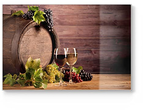 DEQORI Schneidebrett aus Glas | groß 30x20 cm | Motiv Zwei Weingläser vor Fass | Design Schneideplatte für Küche | Frühstücksbrett antibakteriell & rutschfest | Glasplatte & Servierplatte