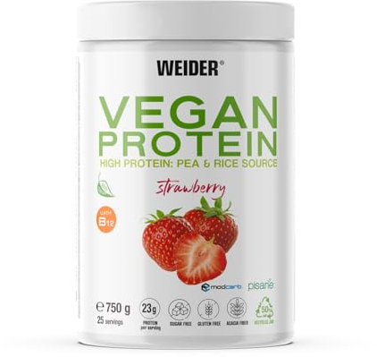 Weider Vegan Protein (750g) Sabor Fresa. Proteína Vegana 23g/dosis Aislada Guisante (Pisane) y Arroz. Con Vitamina B12 y Stevia. Sin Gluten, Sin Azúcar. Bote 50% Reciclado, 100% Reciclable