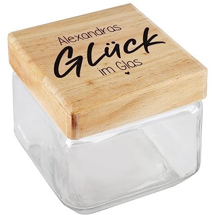 Herz & Heim® Vorratsglas mit Holzdeckel inkl. individuellem Aufdruck Glück im Glas, 11 cm x 11 cm x 11 cm (B/T/H)