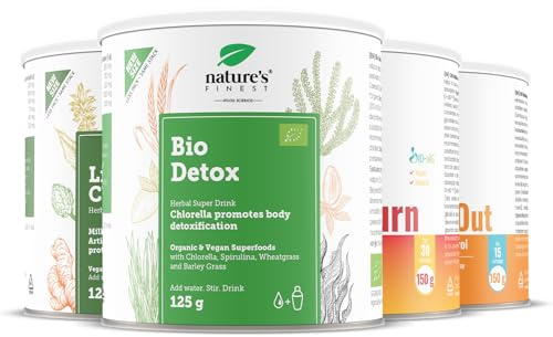 Nature's Finest 4er Set, Bio Detox, Liver Cleanse, Burn & WaterOut | Komplett-Set: Grüner Bio-Mix, Mariendistel-Komplex, ID-alG Drink & Brennnessel-Holunder-Drink - 550 g