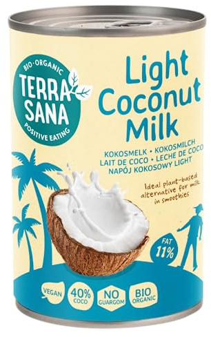 TerraSana Bio Kokosmilch fettreduziert, vegan, ohne Zuckerzusatz, aus reiner Kokosnuss und Wasser - (1 x 400ml Dose) 11% Fett