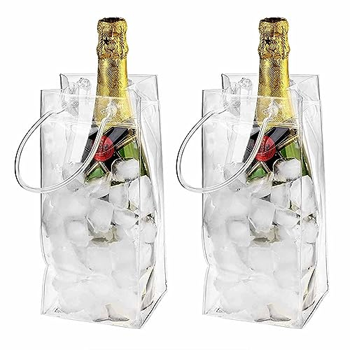 2 Wine Ice Bag, PVC Leakproof Ice Bag Portable Ice Bucket Wine Cooler Bag, Beverage Beer Champagne Bottle Chiller with Carry Handle, Clear Wine Cold Bag for Pubs Restaurant Home Outdoor, 11x11x25cm