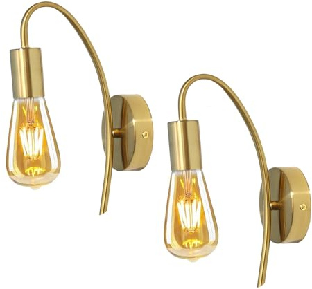 YSGUYILT Wandleuchte Innen Vintage 2 Stücke Gebogene Wandleuchte Industrial Wandlampe Retro Wandbeleuchtung Metall Lampenfassungen mit E27 für Badezimmer Schlafzimmer Wohnzimmer Flur-Golden