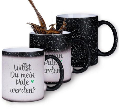 Zaubertasse Willst Du mein Pate werden? - Farbwechseltasse mit Glitzerpartikeln - Magic-Thermo-Effekt