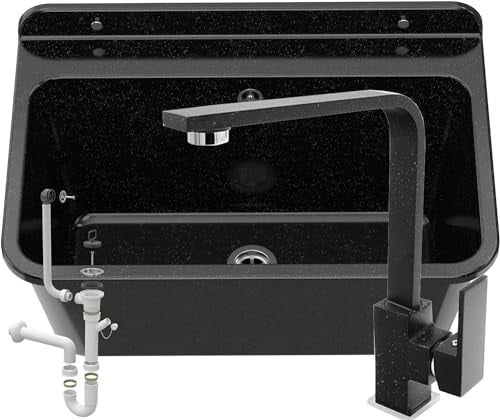 Granitan Ausgussbecken für Garage Keller Werkstatt - Universal Waschtrog mit Siphon und Waschtischbatterie - Waschbecken Wandmontage aus Polypropylen - 61x41x30 cm