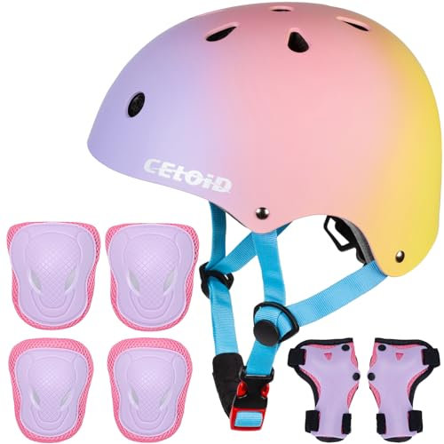 CELOID Kids Helmet Pad Set, Adjustable Kids Skateboard Bike Helmet, Knee & Elbow Pads, Wrist Guards, 5-8 yrs, Unisex, Pink, Cycling, Skating, Rollerblading, Protection Gear Set
