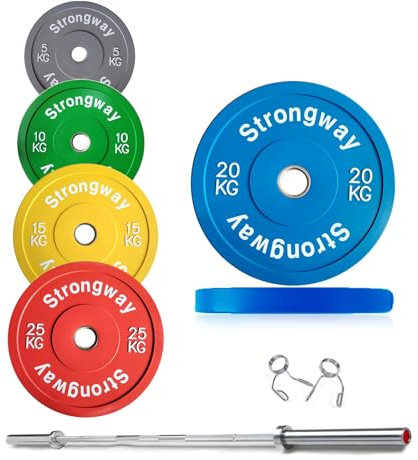 Strongway® Olympic 50KG 70KG 100KG Bumper Weight Plates Sets with 6FT 7FT Barbell - Colour Coded 2 Inch (2) / 50mm Hole - Rubber Coated Cast Iron (70KG SET + 7FT BAR)