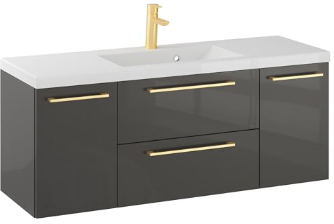 Furni Rosen 120 cm Hängend Waschbecken mit Unterschrank und Gebürsteten Goldenen Griffen Waschbeckenunterschrank Badezimmer Waschtisch mit Unterschrank Waschtischunterschrank