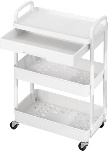 Dttwacoyh, 3-Tier Utility Cart, Mobile Rolling Trolley with Drawer, Storage Cart with Plastic Shelf & Metal Wheels for Office, Kitchen, Laundry, Bathroom, Makeup, White