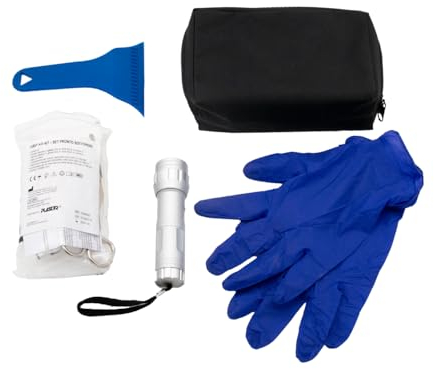 Notfall-Set für Auto, Motorrad, Reise. Kompakt: schwarze Tasche, Erste Hilfe, Schaber, Handschuhe, LED-Taschenlampe – bereit für jeden Notfall, praktisch und sicher, immer dabei.