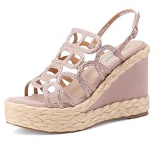 QUEEN HELENA Sandales compensées avec strass avec plateau décontracté pour femme ZM9648, rose, 37 EU