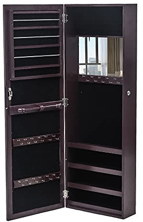 Armoire murale en bois à 4 étages avec miroir intérieur LED 3 couleurs - Meuble de rangement pour bijoux - Marron foncé