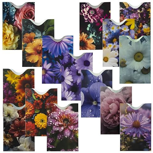 Boxiki Travel Set of 15 RFID Blocking Sleeves Best Way to Protect Your Cards from Electronic Theft. Durable, Lightweight, and Compact Design to fit in Any Pocket or Purse. (Flowers Theme)