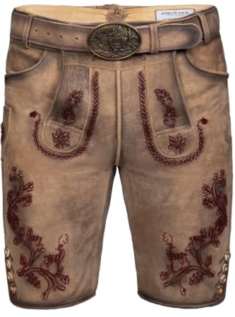 Edelnice Trachtenmode Bayerische Traditionelle Kurze Lederhose Emil mit roter Stickerei aus Ziegenleder