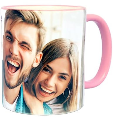 Personalised Premium Quality Colour Rim and Handle Photo Mug, 11oz/325ml, 1 or 2 Photos, Personal Message, Printed Full Wrap Edge to Edge (Pink Rim & Handle)
