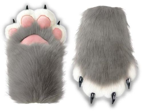 NexinEstic Therian Paws Gants confortables en fausse fourrure avec pattes de chat pour cosplay, gris, taille unique