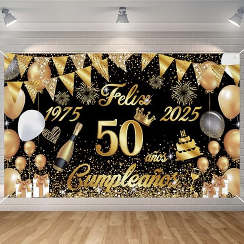 Pancarta Feliz Cumpleaños 50 Anos 1975-2025, Seutgjie Happy Birthday Decoracion para Mujer Hombre para Fiesta Cumpleaños 50 Oro Negro 180 x 110 cm