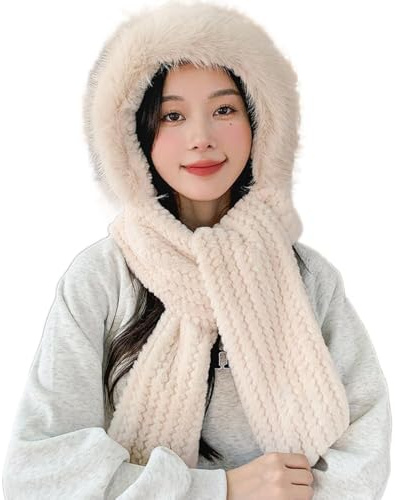 2 in 1 Damen Winter Kapuzenschal,Mützenschal Ohrenschutz Winddichte,Thermal Kunstpelz Mütze mit Schal,Niedlichen Plüsch Mütze Balaclava Winterschal Ohrenschutz für Outdoor,Weiß