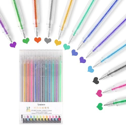 Moosono Glitzer Gelstifte, Bunte Gelstifte Set, 12 Stück Gel Stift Glitzer für Notizen, Markierungen, Zeichnen,Malbücher, Karten, und Basteln