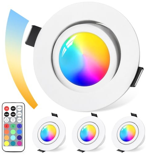 GeyouLux LED Einbaustrahler Dimmbar RGB,Led Spot 230V 68mm Aluminium,IP44 5W 3CCT 3000K/4000K/6000K Einbauleuchten,120° + 45° Schwenkbar Deckenspots Weißes mit IR Fernbedienung für Badezimmer,4 stück
