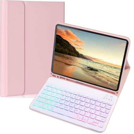 NUWONAYA Keyboard Case for iPad Pro 11 Inch Case 2022/2021/2020/2018,Slim Candy 7 Color Rainbow Backlight Detachable Magnetic Keyboard Cover with Pencil Holder,Pink