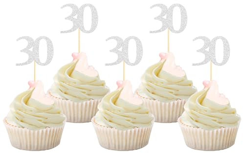 Sotpot 30 Pack Happy 30th Birthday Cupcake Toppers 30 Years Cupcake Decorations for 30th Birthday Anniversary Party Supplies Silver Glitter
