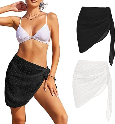 2 Stück Pareo Damen Strand – Bikini Rock, Strandtuch Damen mit Fransen, Chiffon Sarong für Strandrock & Garten | Schwarz/Weiß