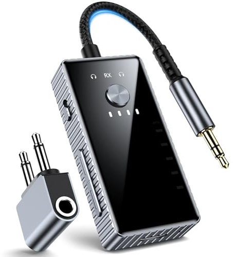 Adaptateur Avion Bluetooth Jack, Transmetteur Récepteur 2 en 1 pour TV, Supporte 2 AirPods ou Casques avec aptX, Transmetteur Audio sans Fil 3,5 mm Aux pour Voiture, Enceinte, Chaîne HiFi