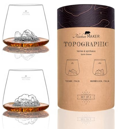 Alaskan MAKER Verres à Whisky 350ml (lot de 2) - Borosilicate de qualité supérieure, soufflé artisanalement avec les montagnes en relief | Forme Tulipe | Spiritueux TOPOGRAPHIC (Tofane & Marmolada)
