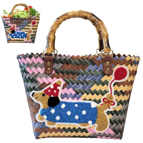 Panier de courses tressé en plastique, sac de plage en paille - Grand sac à main - Sac à main - Sac en paille - Sac vintage en raphia pour femme - Imperméable - Sac de courses tressé (B)