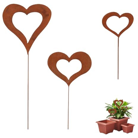 3 Pezzi Decorazione da Giardino Sculture a Forma di Cuore con pali di ferro Spina in Effetto Ruggine per Giardino Terrazza Balcone