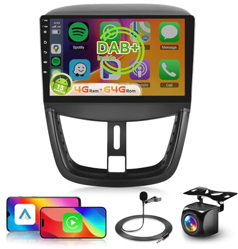 【8 Kern 4+64G】 Hodozzy Carplay DAB+ Autoradio für Peugeot 207 2005-2015, 9 Zoll Touchscreen Android Autoradio mit Android Auto/WiFi/GPS/RDS/FM/Bluetooth/USB+Rückfahrkamera