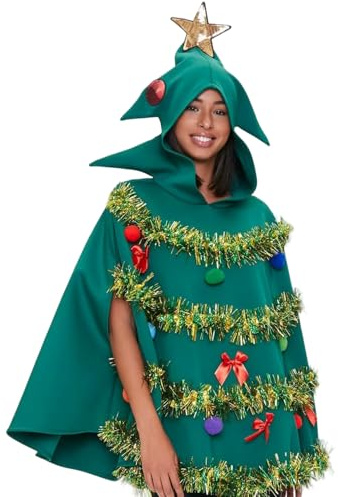 Lawnrden Cosplay -Kostüme für Frauen, Weihnachtsbaumkleid Poncho Kostüm 3D Kapuze Weihnachtsbaum Kostüm Umhang Xmas Cosplay Dress Up Outfit für Frauen, xl