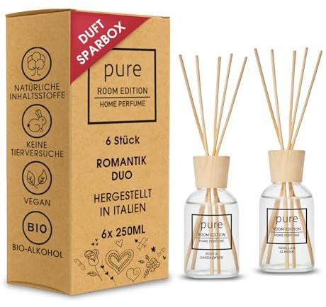 PURE ROOM EDITION 6x100ml Romantik Duo Geschenkset Liebe Raumduft | Deko für Valentinstag & Hochzeitstag, Diffuser mit Duftstäbchen, natürliche Inhaltstoffe, tierversuchsfrei, Rose & Vanille