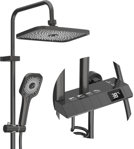 LADOKEE Sistema doccia con rubinetto, set doccia 4 in 1, doccetta con 3 modalità di acqua, soffione doccia a pioggia regolabile in altezza (290 x 196 mm), set completo per bagno (grigio)