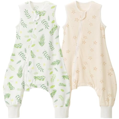 Nivolltha 2er Schlafsack mit Füßen 0.5 TOG Baumwolle Stern & Jungblatt S | 100% Baumwolle Schlafsack mit Beinen, Seitenreißverschluss & Druckknöpfen, ideal für den Sommer, für 90-100cm, 2-3 Jahre