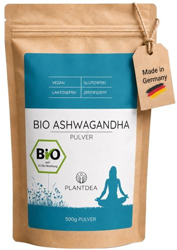 PlantDEA Ashwagandha Pulver BIO 500g | 100% fein gemahlene Bio Ashwagandha Pulver | Withania somnifera | für Smoothies & Goldene Milch | Wurzelpulver | vegan | rein | ohne Zusätze