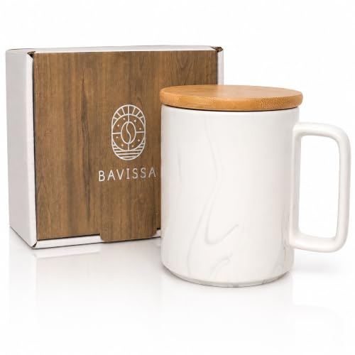 BAVISSA Ceramic Coffee Mug, 400ml, Bamboo Lid, Spillproof (Marble White) | Ceramic Mug with Handle, Removable Bamboo Lid, Rubber Sealed Design for Reduced Spills
