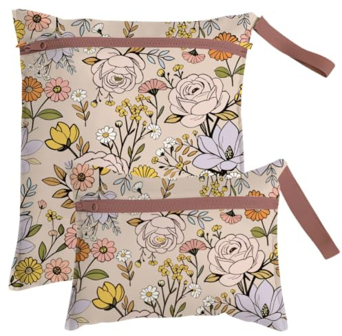 SUPERDANT Set di 2 borse impermeabili e riutilizzabili in poliestere per piscina, yoga, palestra, doppia tasca, leggera, per riporre pannolini, piante colorate e fiori colorati